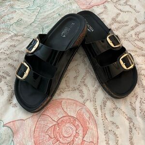 Trendy Black Slide Sandals with Gold Buckles